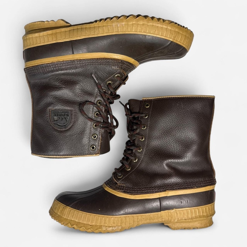 Vintage Sorel brown leather lace up pac boots, made in Canada, men's 11